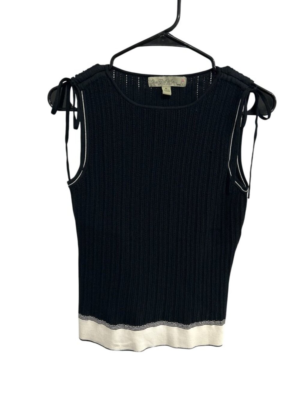 One Girl Who Black Knit Tank Top Tie Shoulder Contrast Hem Size XL Indie Retro